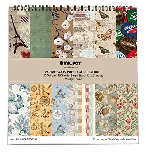 Inkdotpot Vintage Retro Theme Scrapbook Paper Pad 12x12 Inch (25 Sheets, 150 GSM) | Single-Sided Decorative Cardstock for Crafts thumbnail 1