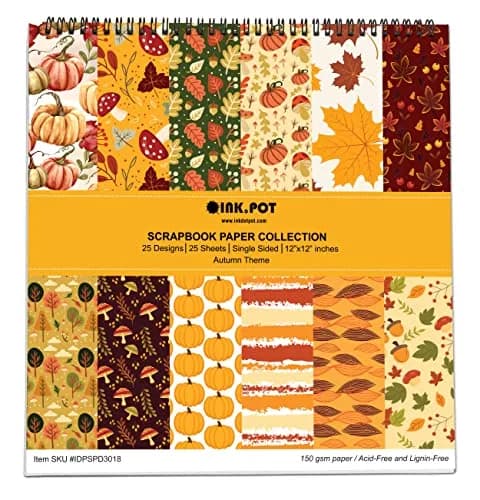 Inkdotpot 25 Sheets Autumn Fall Theme Texture Scrapbook Paper Pad 12x12 | Colorful Decorative Cardstock for DIY Crafts thumbnail 1