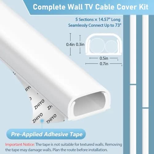 ZhiYo 73" Cord Covers for Wires on Wall, White Cord Hider, 0.7" W x 0.4" H | Wall Cable Management Solution thumbnail 3