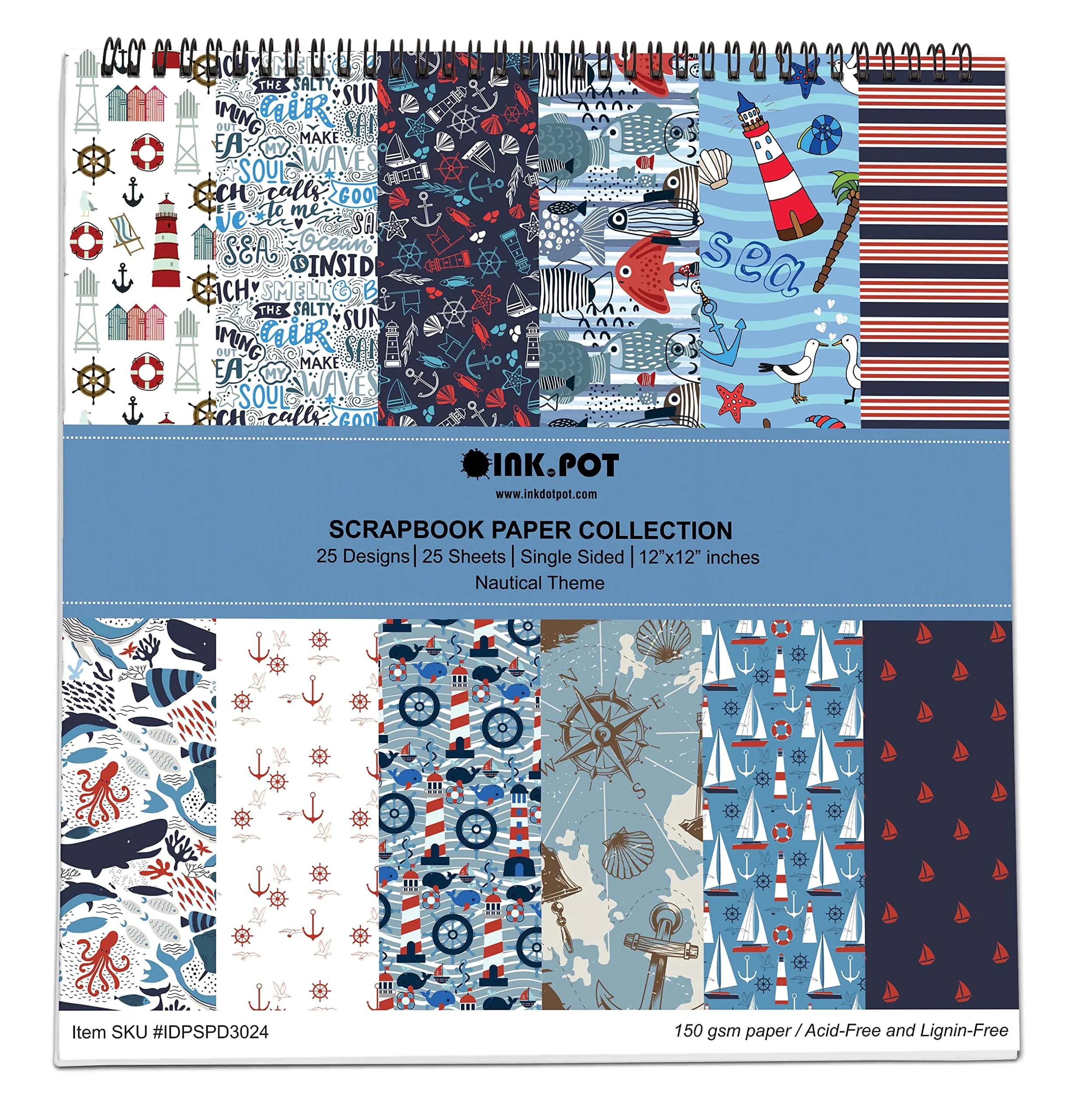 Inkdotpot Nautical Texture Scrapbook Paper Pad 12x12 Inch (30.48x30.48 cm) | 25 Sheets Acid-Free Decorative Cardstock for Crafts — Nautical Theme