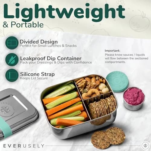 Everusely Stainless Steel Bento Box with Condiment Container - Green, 800ml (27oz) | Leakproof Food Storage for Adults thumbnail 2