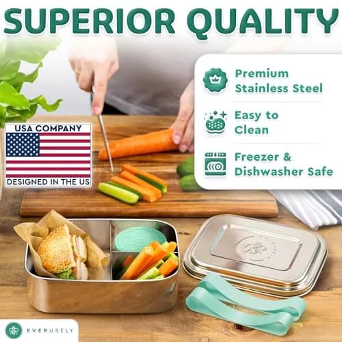 Everusely Stainless Steel Bento Box with Condiment Container - Green, 800ml (27oz) | Leakproof Food Storage for Adults thumbnail 3