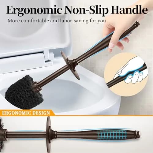 HAMITOR Toilet Bowl Brush Holder Set with Lid & Long Handle | Bronze Bathroom Deep Cleaning Scrubber thumbnail 4