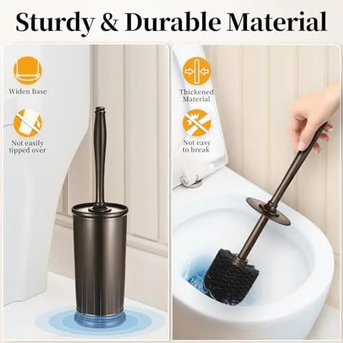 HAMITOR Toilet Bowl Brush Holder Set with Lid & Long Handle | Bronze Bathroom Deep Cleaning Scrubber thumbnail 5