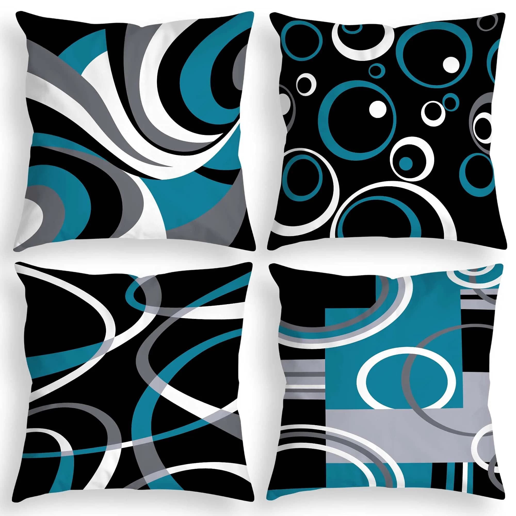 Asrnten Abstract Geometric Throw Pillow Covers Set of 4, 20x20 inches (50x50 cm) | Modern Black & Blue Decor for Sofa — Black and Blue