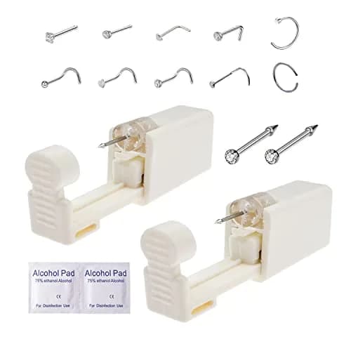 DIEWEISIMI Nose Piercing Kit 2 Pack | Disposable Self Nose Gun with 10 Nose Rings | 20g/0.8mm White Crystal thumbnail 1
