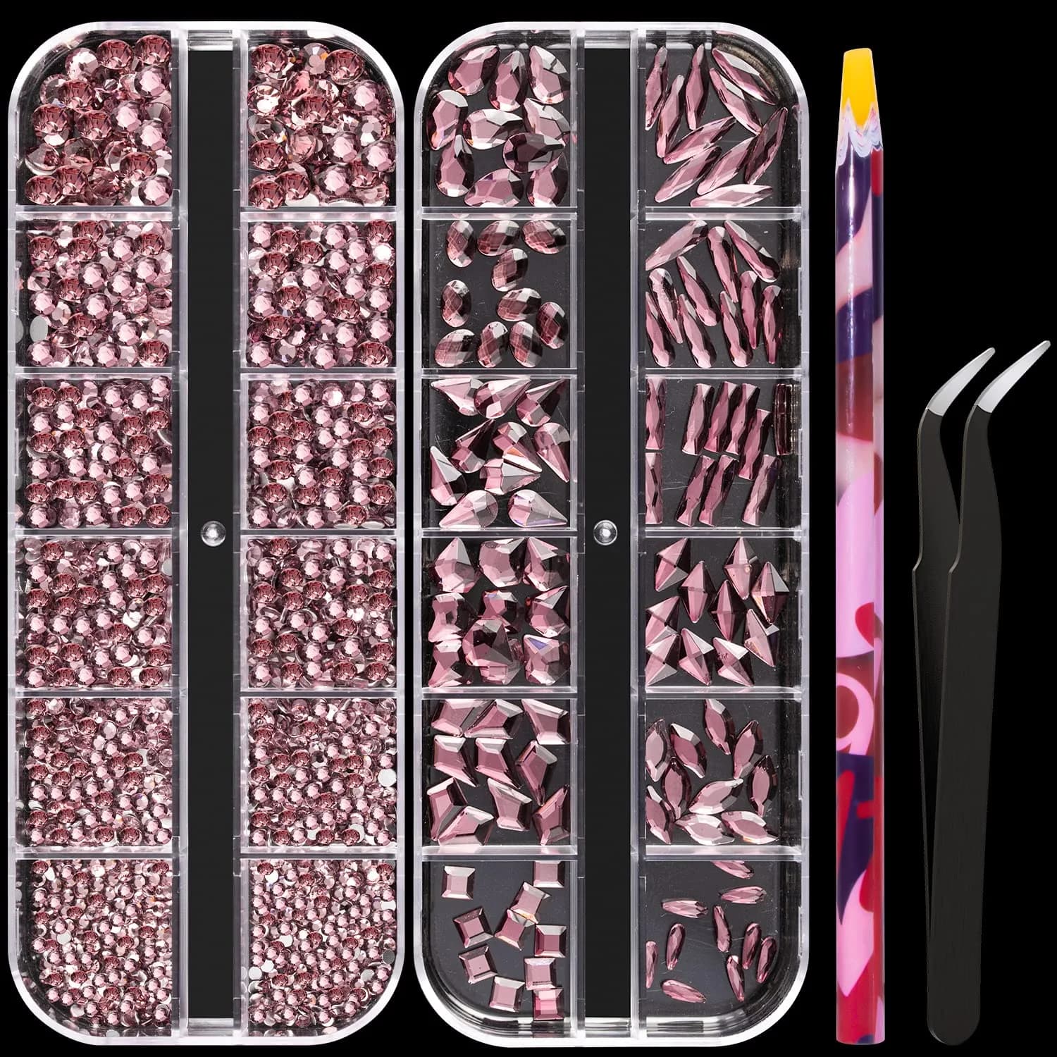 BELLEBOOST Multi Shapes 3D Glass AB Crystal Nail Art Rhinestones Kit with Pickup Pen & Tweezer | Iridescent Nail Decoration — Light Purple