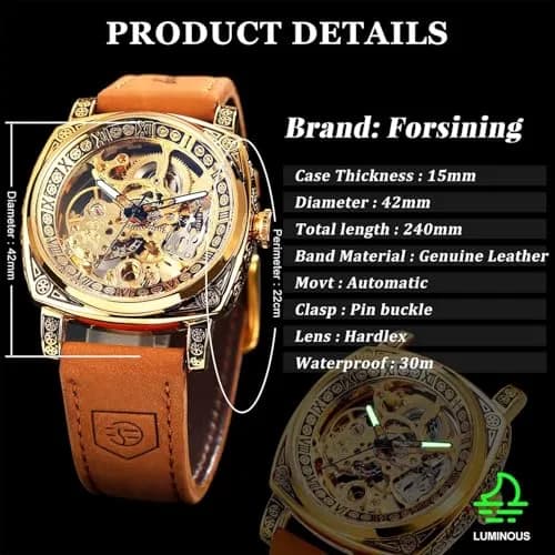 FORSINING Square Luxury Retro Mechanical Watch for Men | Automatic Self-Wind Skeleton Dial 42mm Case thumbnail 6