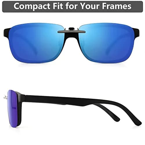 CAXMAN Polarized Clip On Sunglasses for Prescription Glasses Men & Women | Compact Fit, Blue Mirrored, Large thumbnail 5