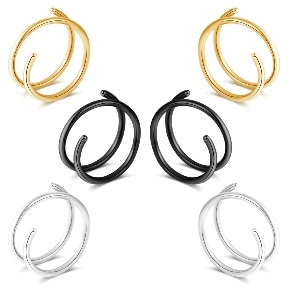 Fzroezz Double Nose Ring for Single Piercing | Hypoallergenic Surgical Steel 20G, Silver/Black, 8mm — C: 3Pairs 20G Silver + Gold + Black
