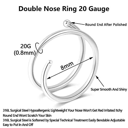 Fzroezz Double Nose Ring for Single Piercing | Hypoallergenic Surgical Steel 20G, Silver/Black, 8mm thumbnail 2