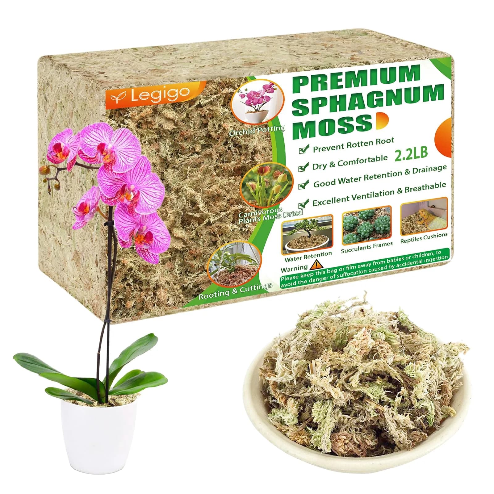 Legigo 4 QT Natural Sphagnum Moss Potting Mix | Moisture-Retentive for Orchids & Carnivorous Plants — 40 QT(2.2 lb)