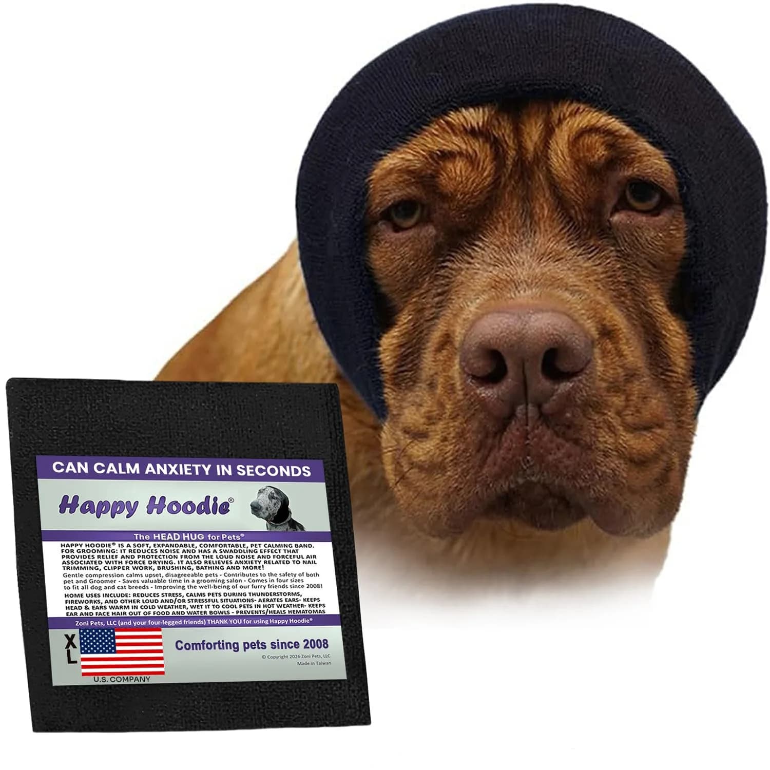 ZONI PETS Happy Hoodie The Original Dog & Cat Calming Band for Noise & Anxiety Relief | Stress & Noise Calming Aid — Black / XL: Head Girth 16-27”