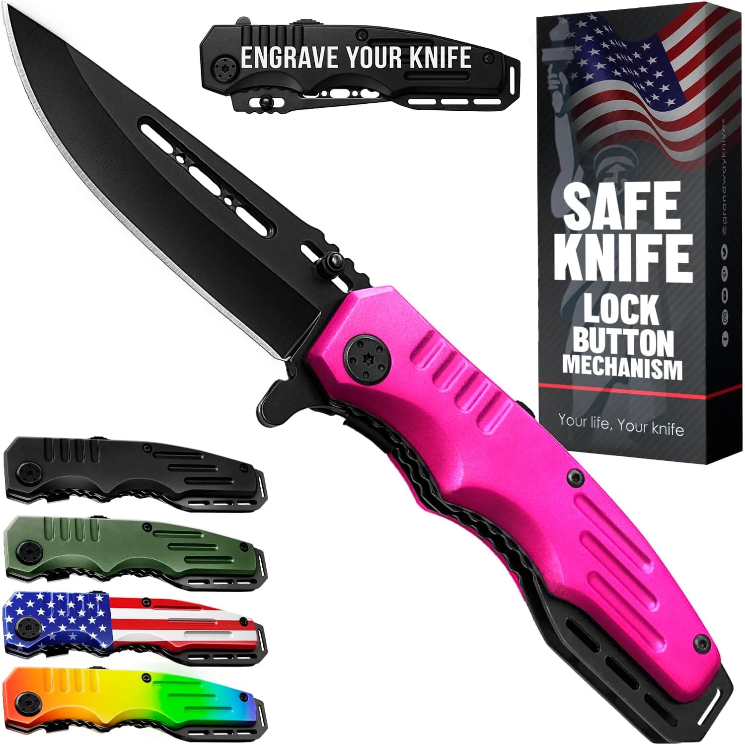 Grand Way Safety Lock Pocket Knife for Women - Pink Folding Knife | Self Defense & Food Prep - main product image