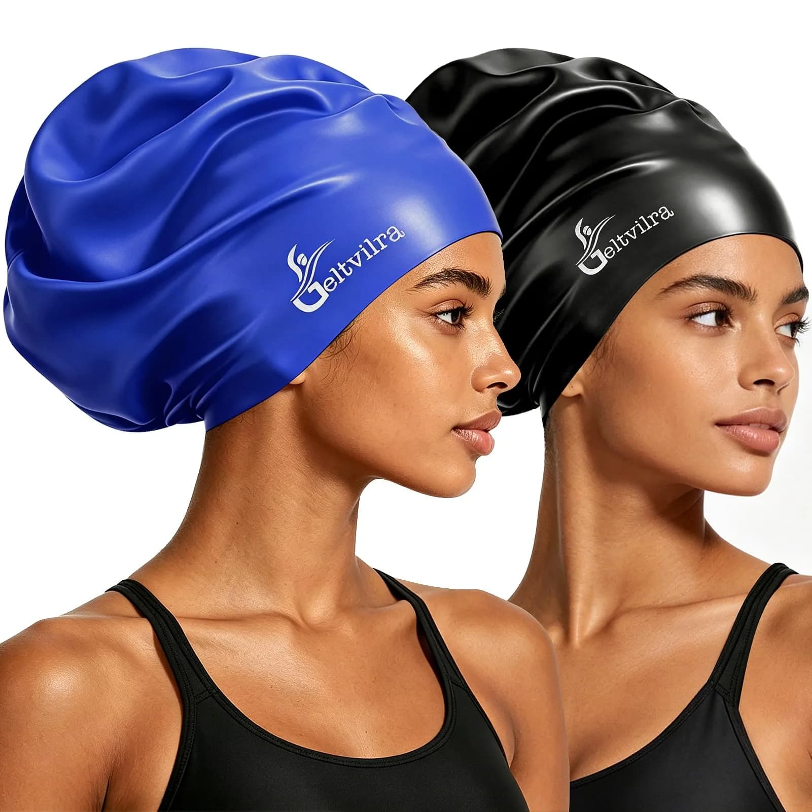 Geltvilra Extra Large Swim Cap for Braids and Dreadlocks | Silicone Long Hair Cap for Women Men (Black, Blue) - main product image