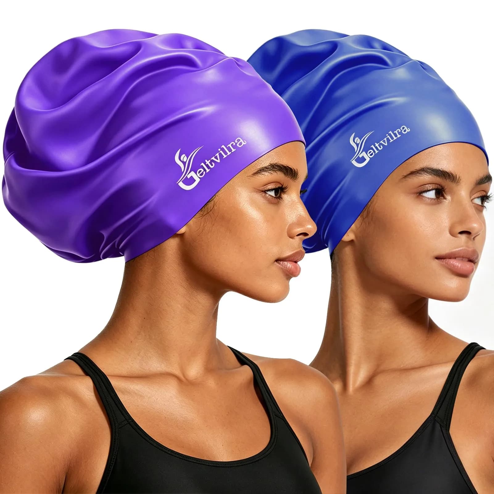 Geltvilra Extra Large Swim Cap for Braids and Dreadlocks | Silicone Long Hair Cap for Women Men (Black, Blue) — Blue, Purple