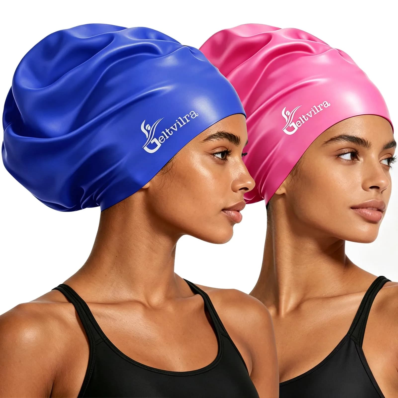 Geltvilra Extra Large Swim Cap for Braids and Dreadlocks | Silicone Long Hair Cap for Women Men (Black, Blue) — Blue, Fuchsia