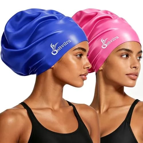 Geltvilra Extra Large Swim Cap for Braids and Dreadlocks Silicone Swimming Cap for Long Thick Curly Weaves Afro Hair Extensions (Blue, Fuchsia) | Roomy & Durable thumbnail 1