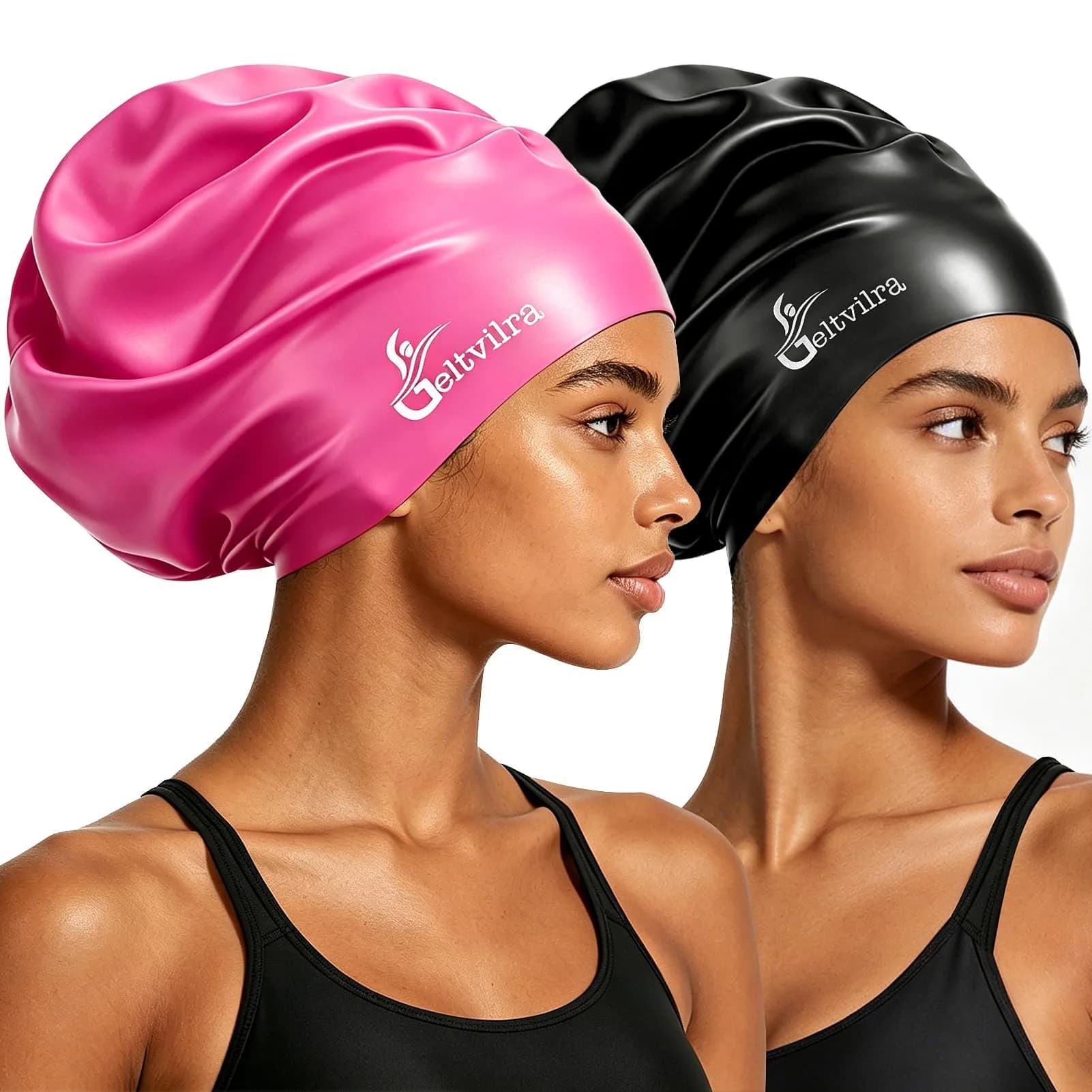 Geltvilra Extra Large Swim Cap for Braids and Dreadlocks | Silicone Long Hair Cap for Women Men (Black, Blue) — Black, Fuchsia
