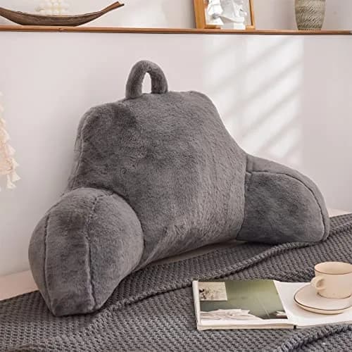 Aimuan Bed Rest Pillow with Arms | Rabbit Fur Cushion for Adults & Teens, 18in Support, Grey thumbnail 9