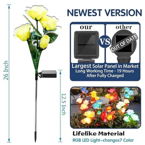 TONULAX Solar Garden Lights - 7 Color Changing Rose Lights for Yard & Garden, 6 Pack | Upgraded Solar Panel, Realistic Rose Flower (6 Pack) thumbnail 3