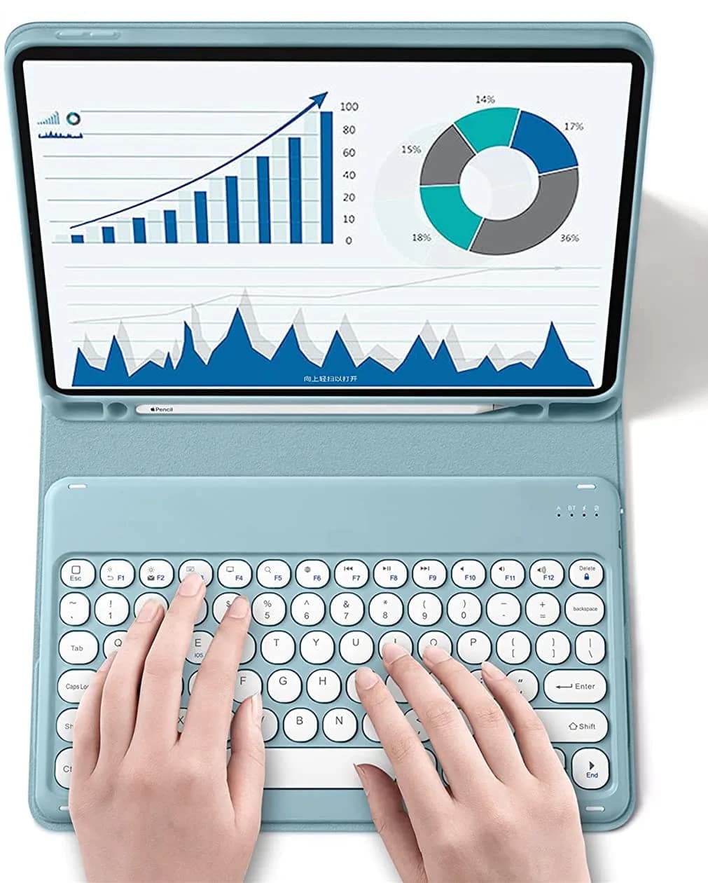 QIYIBOCASE Galaxy Tab S6 Lite Keyboard Case Mint Green | Detachable Round Keys Bluetooth Keyboard with S Pen Holder — Blue