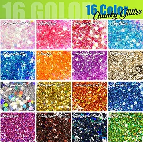 LEOBRO Glitter, 32 Colors Fine & Chunky Glitter for Crafts, Resin, Art, 16 jars each 8g | Sparkling & Safe thumbnail 2