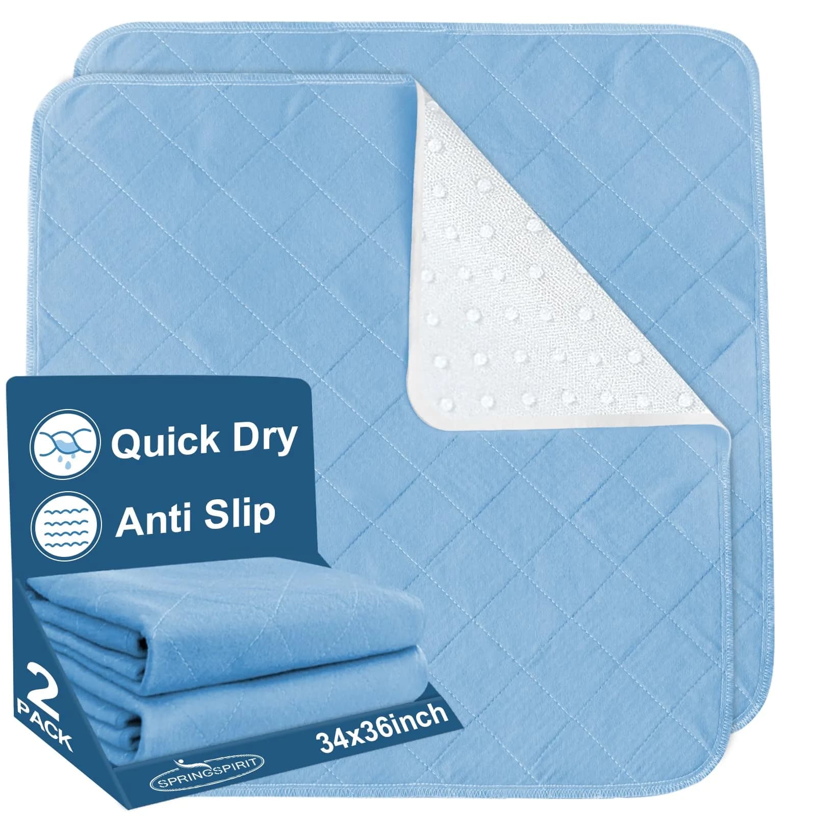 SPRINGSPIRIT Washable Waterproof Bed Pads for Incontinence 2 Pack 86cm x 91cm | 4-Layer Protection with 8oz Absorbency — Blue / 34x36