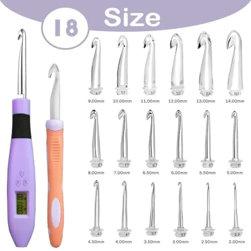 Yarniss 18 Size Interchangeable Crochet Hooks Set with Light & Counter 2.0mm-14.0mm | Digital Counting for Rows & Stitches thumbnail 2