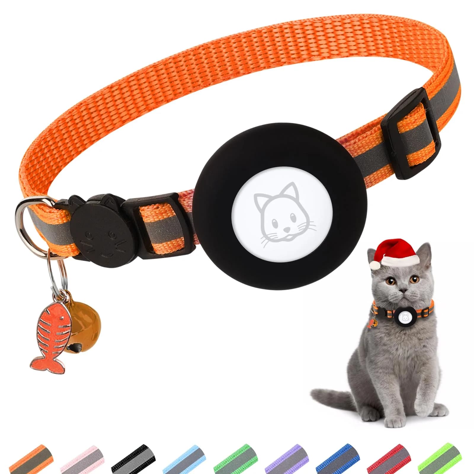 SimpleThings Orange Airtag Cat Collar with Bell & Safety Buckle | Reflective Nylon, Adjustable 22-35cm — Orange