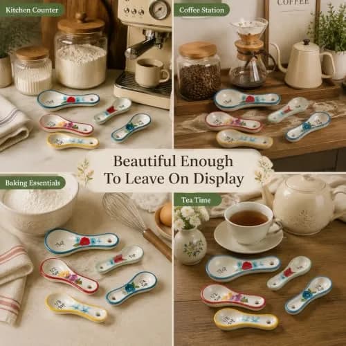 WAYUTO Ceramic Flower Measuring Spoons Set 5 Piece | Cute White Kitchen Spoon Set for Baking, Coffee and Cooking thumbnail 6