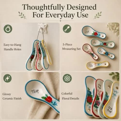WAYUTO Ceramic Flower Measuring Spoons Set 5 Piece | Cute White Kitchen Spoon Set for Baking, Coffee and Cooking thumbnail 3