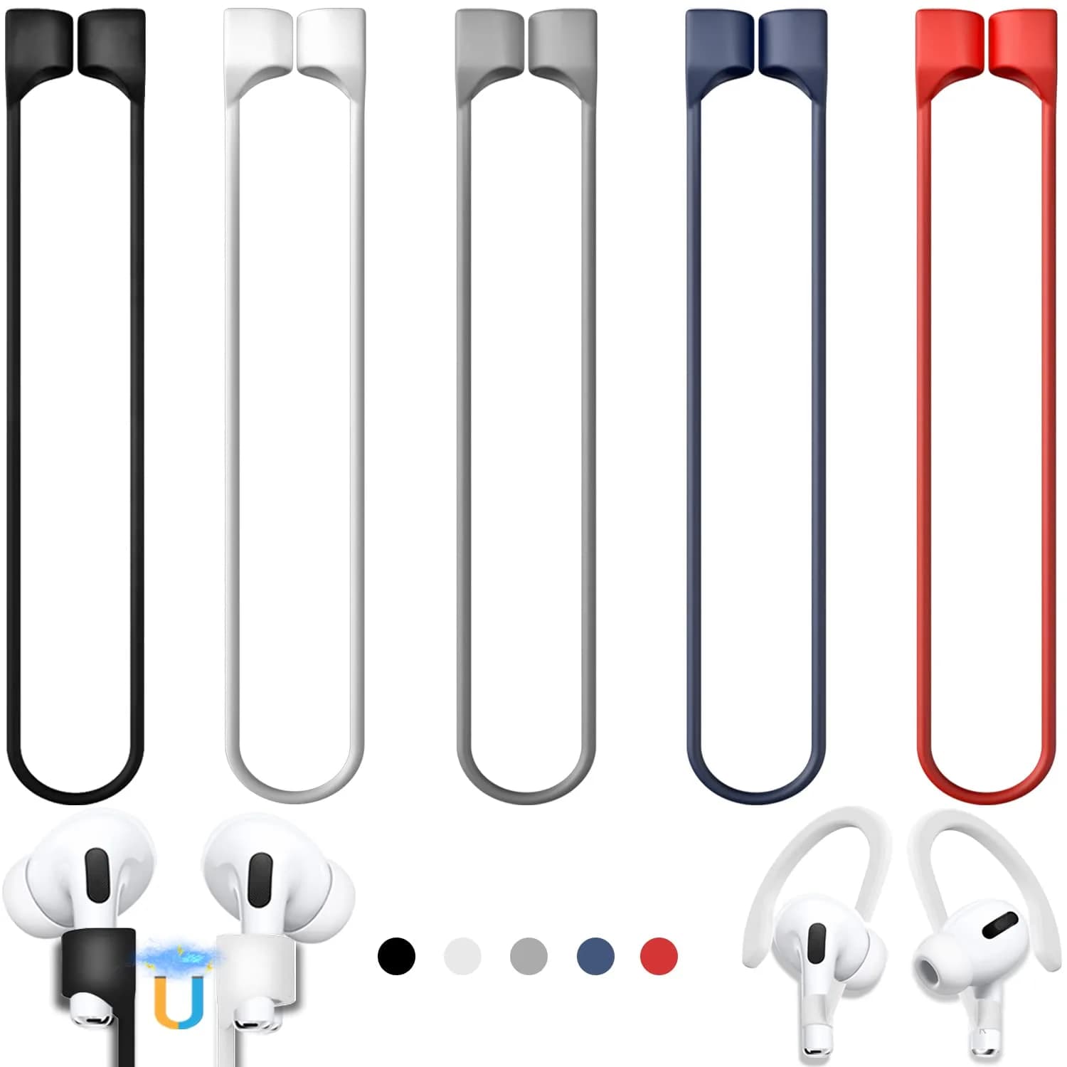 Mooyavia Ultra Strong Magnetic Anti-Lost Strap for AirPods Pro - 5 Color | Magnetic Silicone Neck Lanyard — A4-black+white+red+grey+blue