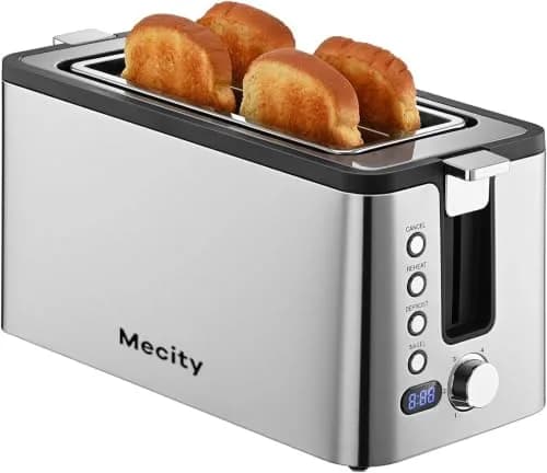 Mecity 4 Slice Toaster, Long Slot With Timer, Wide Slots, Stainless Steel, 1300W thumbnail 1