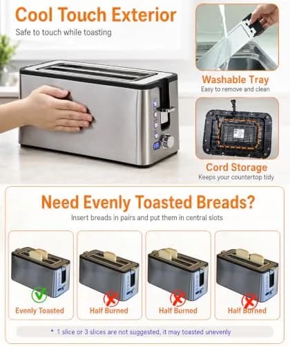 Mecity 4 Slice Toaster, Long Slot With Timer, Wide Slots, Stainless Steel, 1300W thumbnail 5