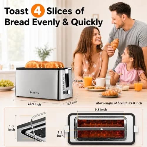 Mecity 4 Slice Toaster, Long Slot With Timer, Wide Slots, Stainless Steel, 1300W thumbnail 2