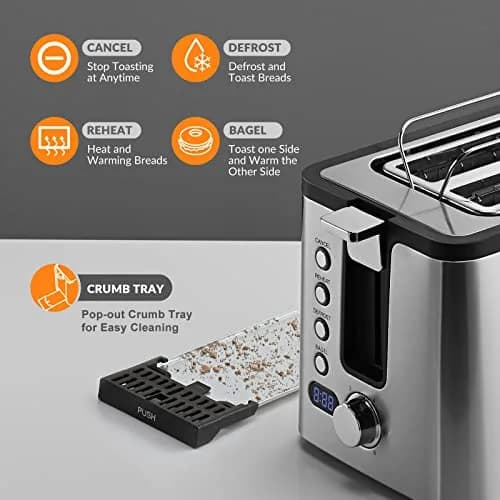 Mecity Toaster 2 Slice Stainless Steel Body | 6 Browning Settings, Timer, Bagel & Defrost Functions thumbnail 2