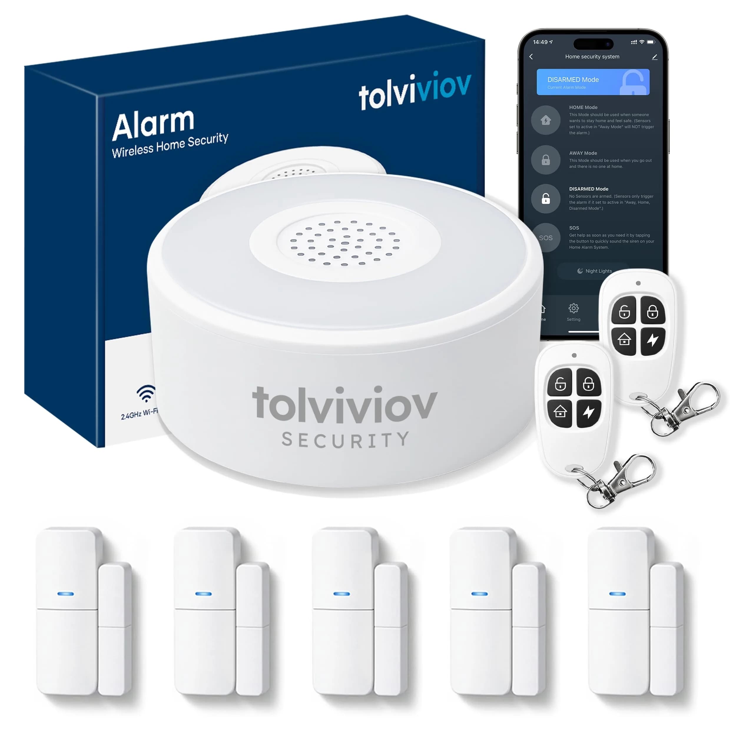 tolviviov Wireless Home Security System 8-Piece Kit | Smart Alarm Hub with 120dB Siren, 5 Door Sensors, 2 Remotes