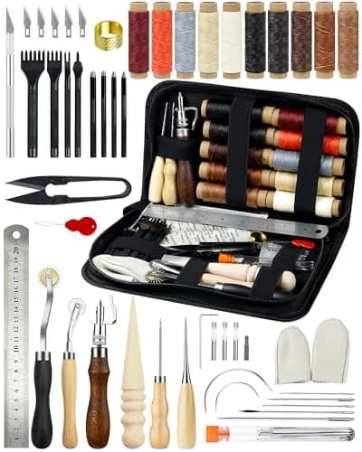 PLANTIONAL Leather Working Tools for Beginners Kit | 10 Waxed Threads, 7-in-1 Stitching Groover, Awl, Punch, Steel & Wood thumbnail 1