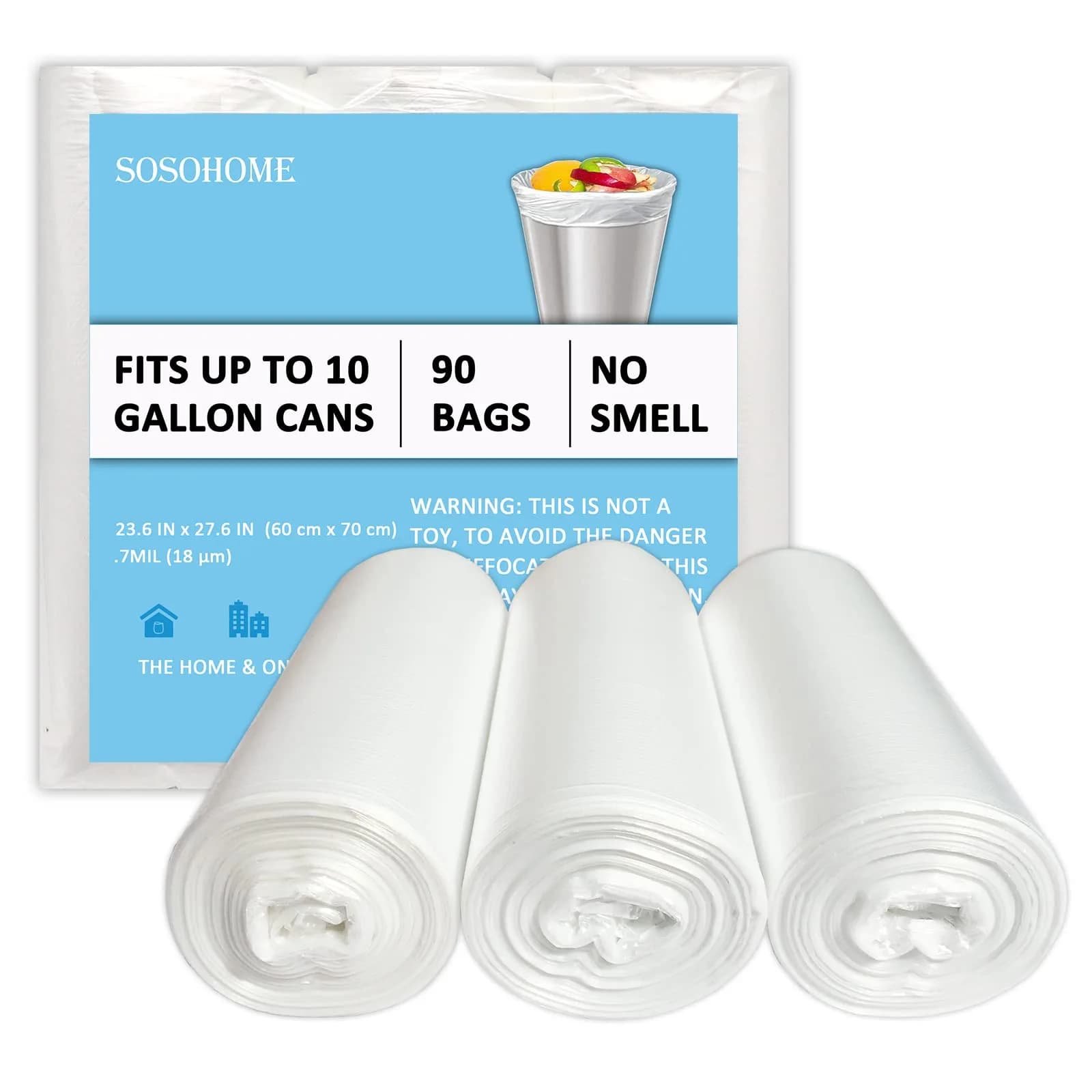 SOSOHOME Clear 10 Gallon Trash Bags | 90 Count, 18 Micron Thick, Fit 8-10 Gallon Bins