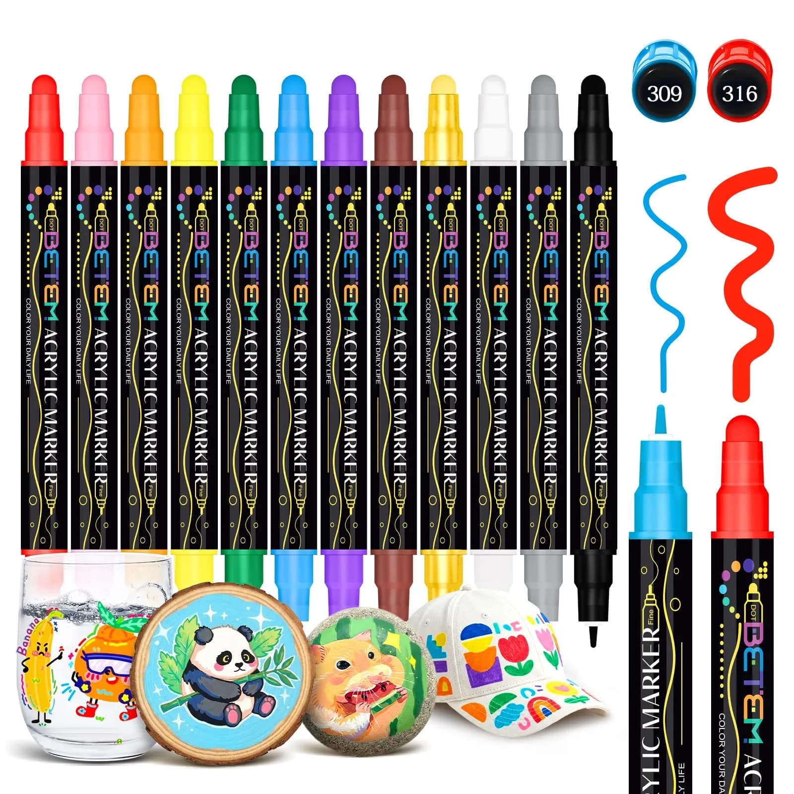 Betem 12 Colors Dual Tip Acrylic Paint Markers | Assorted Colors Marking Pen