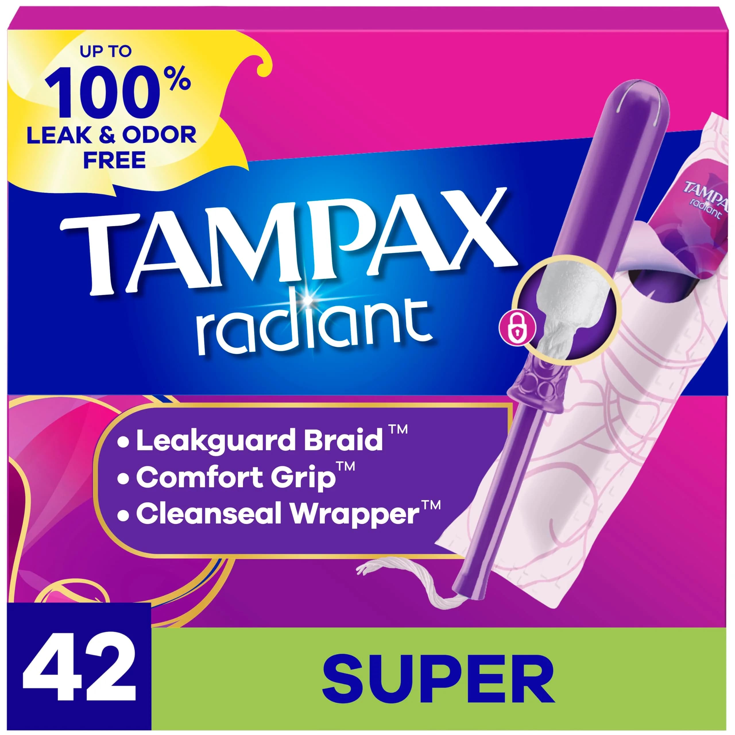 Tampax Radiant Tampons for Women, Super Absorbency, Unscented, 42 Count | #1 U.S. Gynecologist Recommended Tampon Brand - main product image