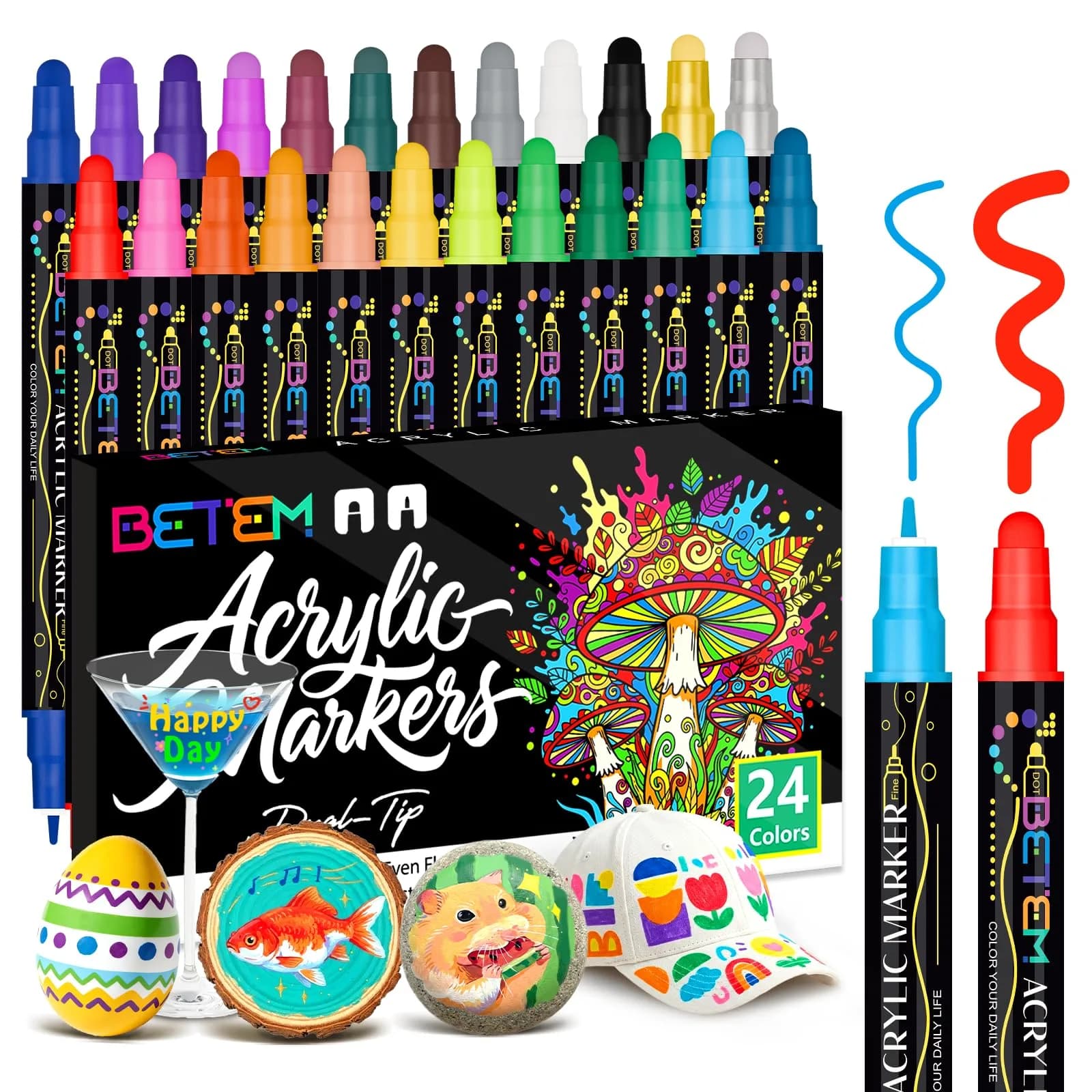 Betem 24 Colors Dual Tip Acrylic Paint Markers | Water-Based, Acid-Free Ink