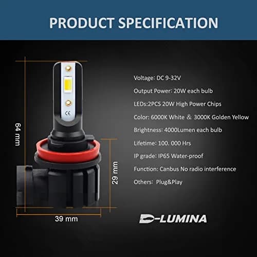 D-Lumina H11 H8 H16 Switchback LED Fog Light Bulbs 6000K White/3000K Yellow | 8000 Lumens, 40W, Dual Color thumbnail 5