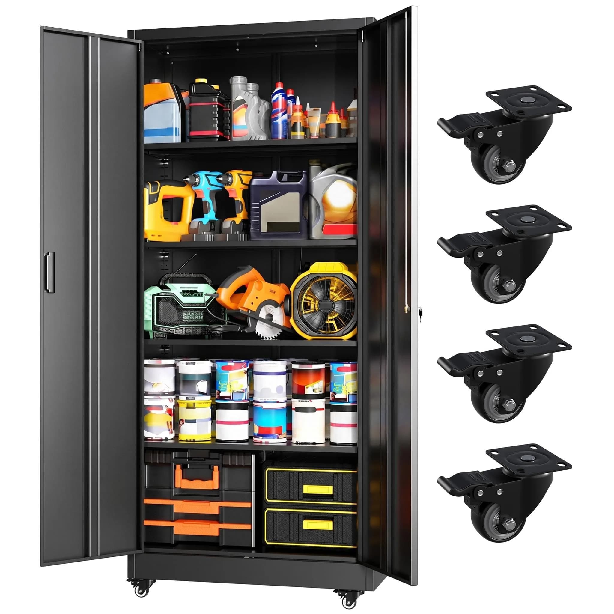 Greenvelly Metal Storage Cabinet with Doors and Shelves, 72" Inch Locking Metal Cabinet for Garage, Office, School, Warehouse, Dark Gray — Black / 73 Inch - Standard