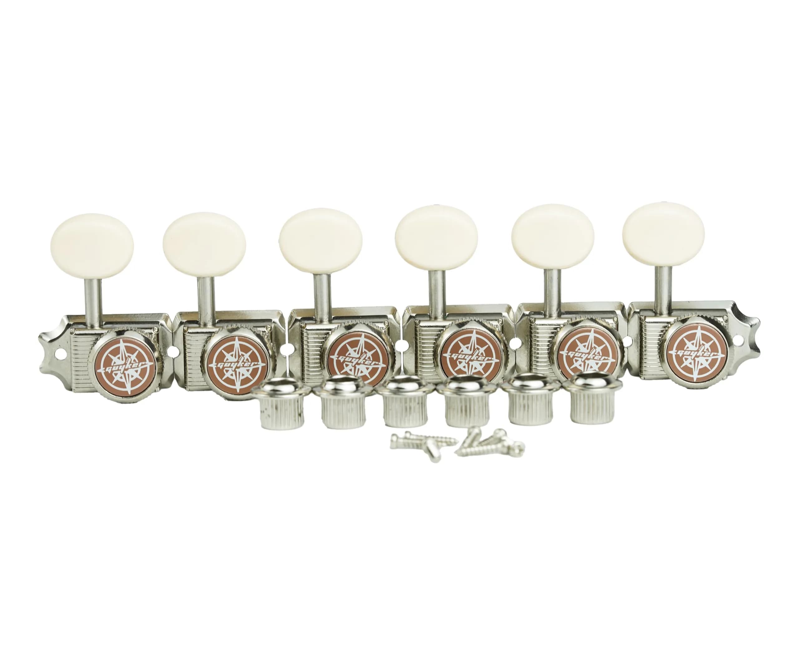 Guyker 6 Inline Vintage Guitar Locking Tuners 15:1 Gear Ratio, Nickel with Cream Handle | Nickel Plated Metal Tuning Pegs for Electric, Acoustic Guitars - main product image