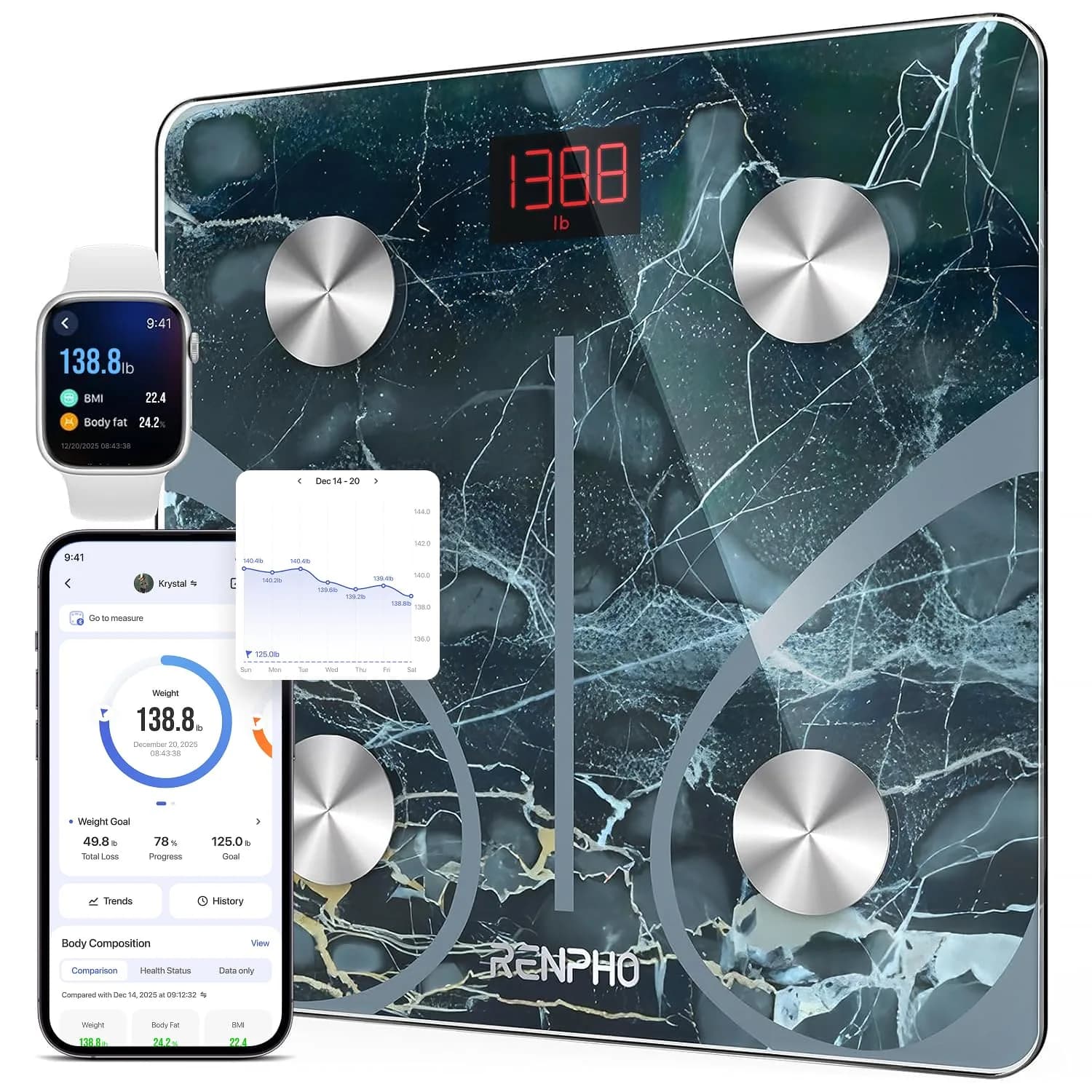 RENPHO Smart Body Fat Scale 180 kg (400 lbs) | Syncs with Fitness Apps — Marble / 11"/280mm