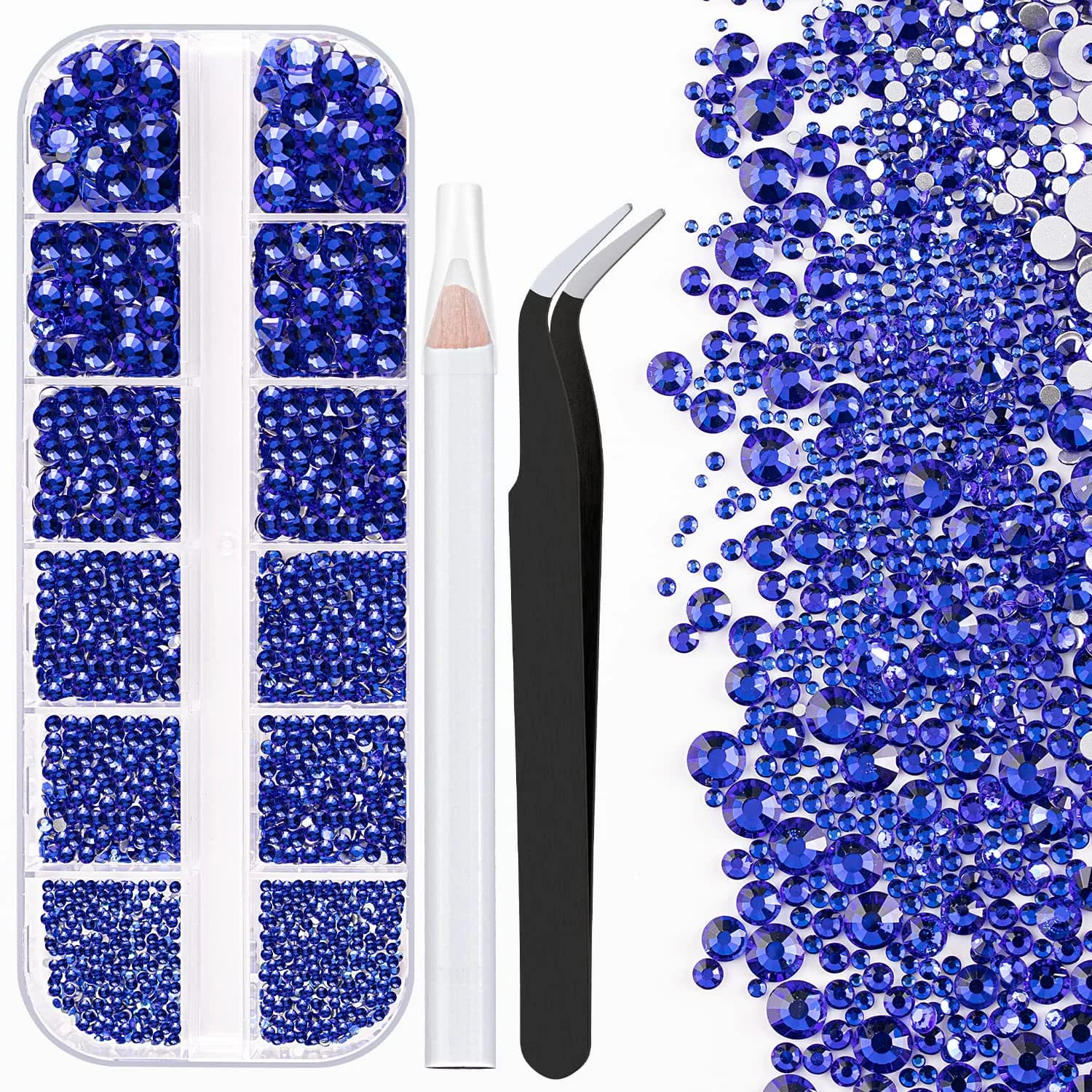 BELLEBOOST 4520 Pcs Nail Art Rhinestones Set with Tools | Crystal Gems for Nails & Crafts — 29-One Pack of Royal Blue