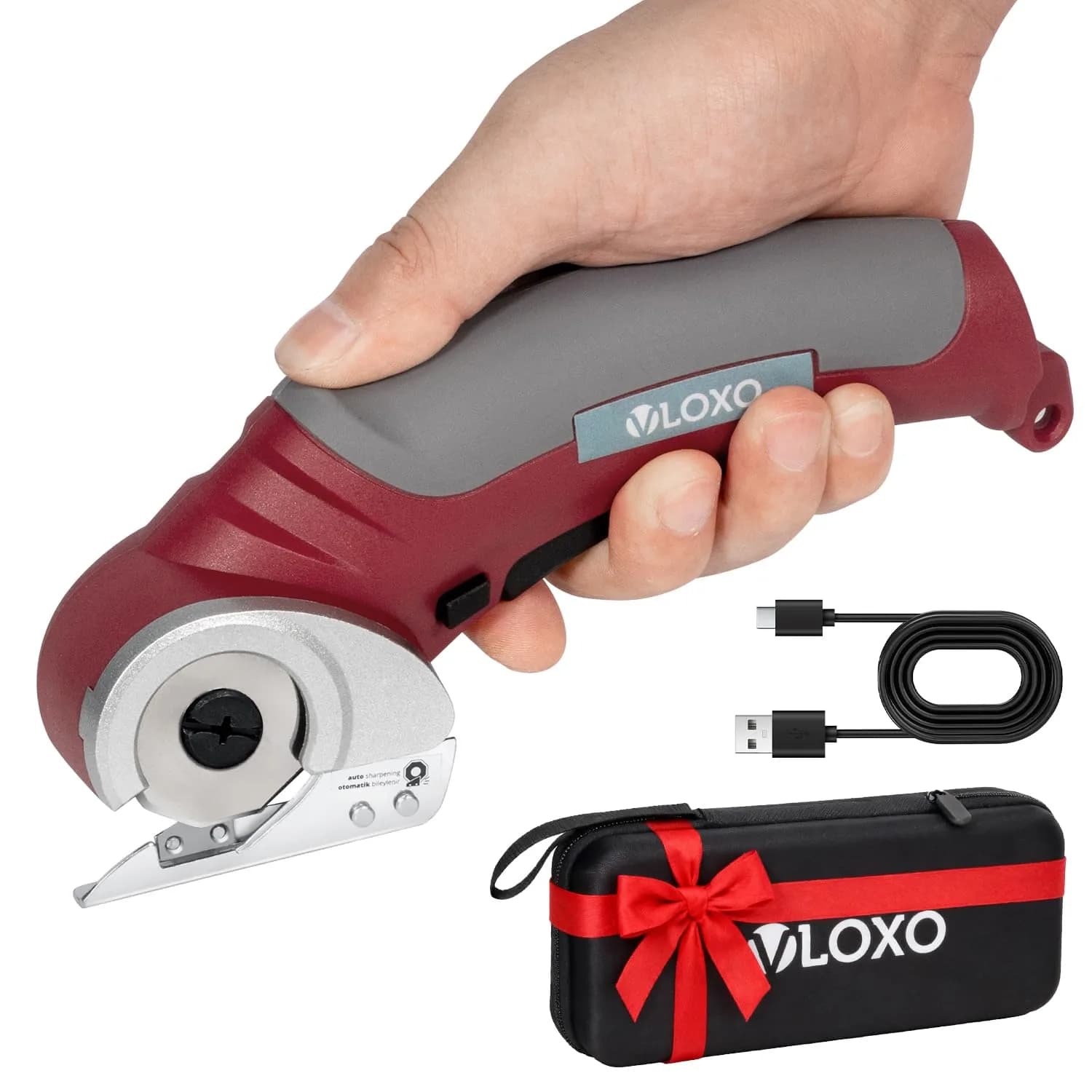 VLOXO Cordless Electric Scissors Cutter with Replacement Blade & Type-C Cable, 0.38 kg (0.87 lbs) Pink | Cuts Cardboard, Leather, Fabric, Carpet — Red