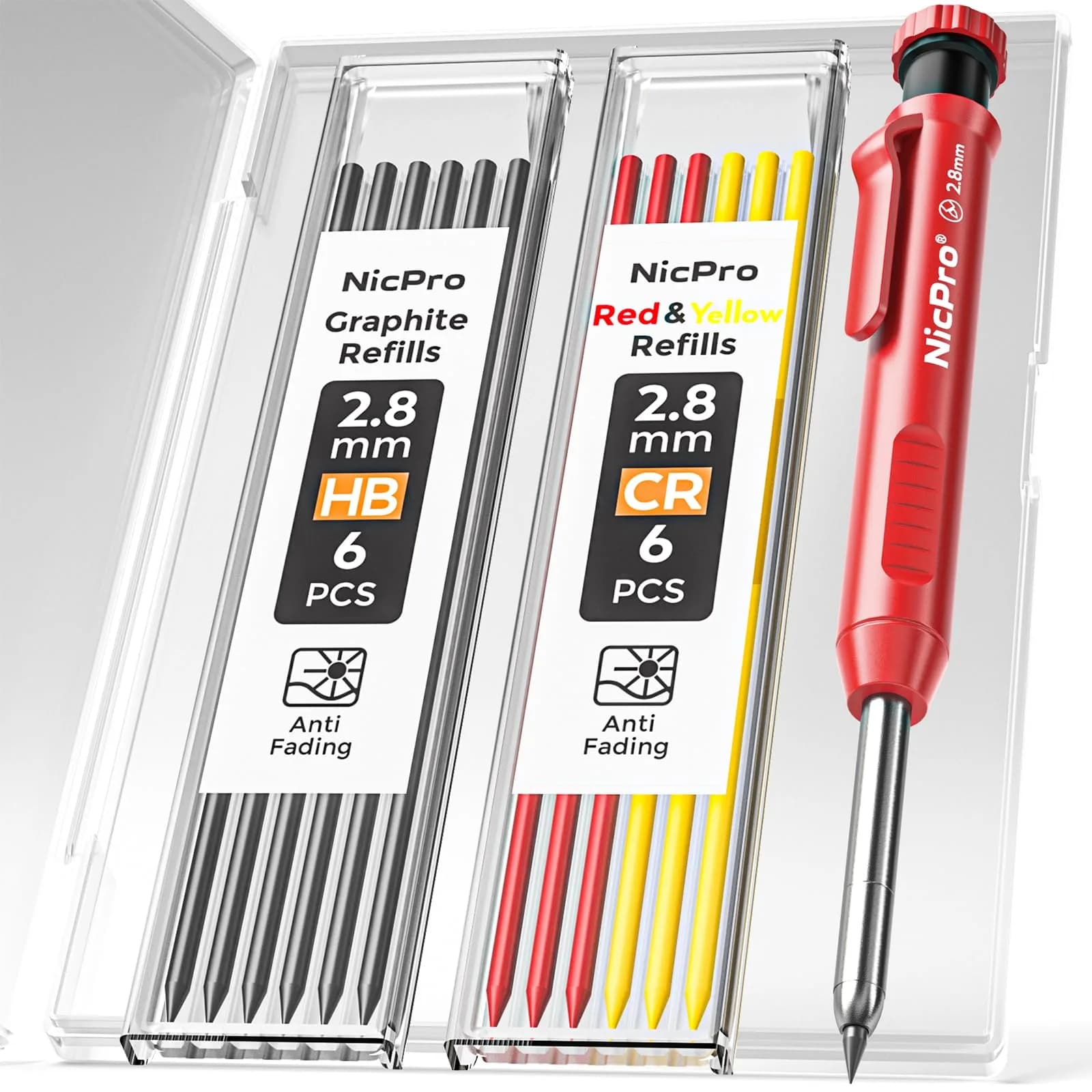 Nicpro 3 Pack Carpenter Pencils with Sharpener | Durable Metal Tip, 39 Refills, Ergonomic Grip for Woodworking & Construction — Red